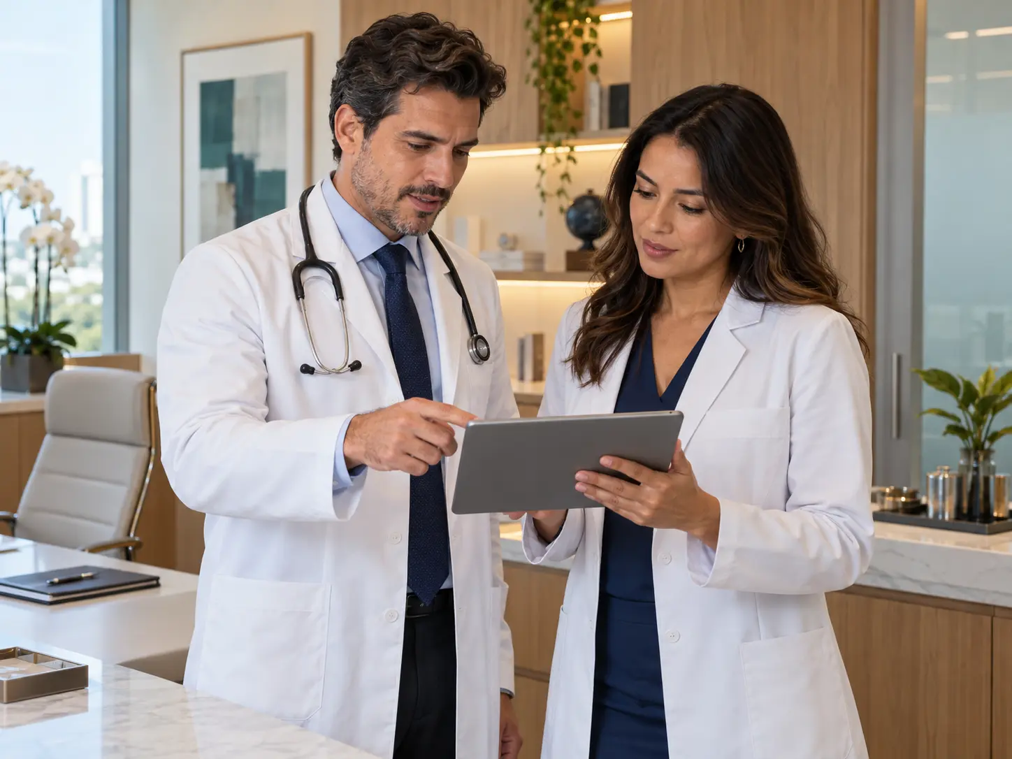 Médicos parceiros analisando resultados em um tablet